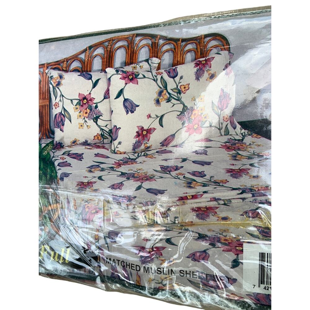 Vintage 70s 80s Camelot Full Muslin 4 Piece Floral Sheet Set Cottagecore NOS